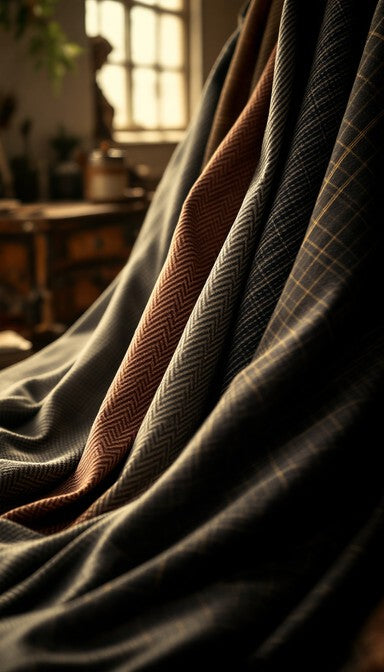 Rich fabric patterns cascading in warm light, showcasing classic suit materials in a traditional tailor's workshop